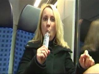 German streetwalker masturbates and fucked on a train