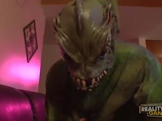 Little first-rate brunette fucked hard by youth with monster costume