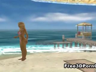 Smashing 3d tekenfilm blondine masturberen op de strand